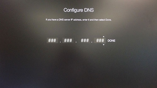 Окно "Настройка DNS" на Apple TV, где нужно ввести IP-адрес.